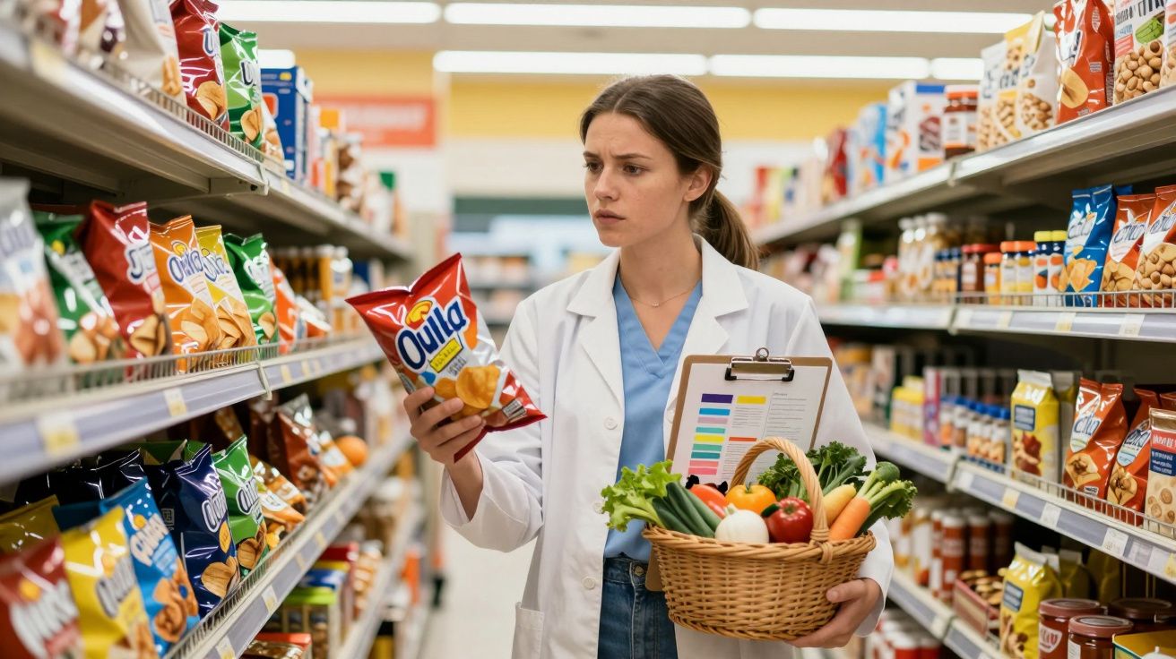 Femeie în halat alb ținând o pungă de chipsuri și un coș cu legume într-un supermarket printre rafturi.