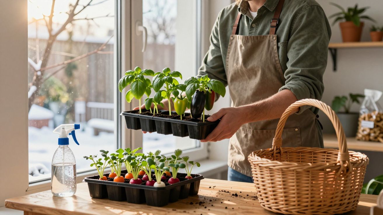 Persoană cu șorț ținând răsaduri de legume lângă fereastră într-o cameră luminoasă de iarnă.