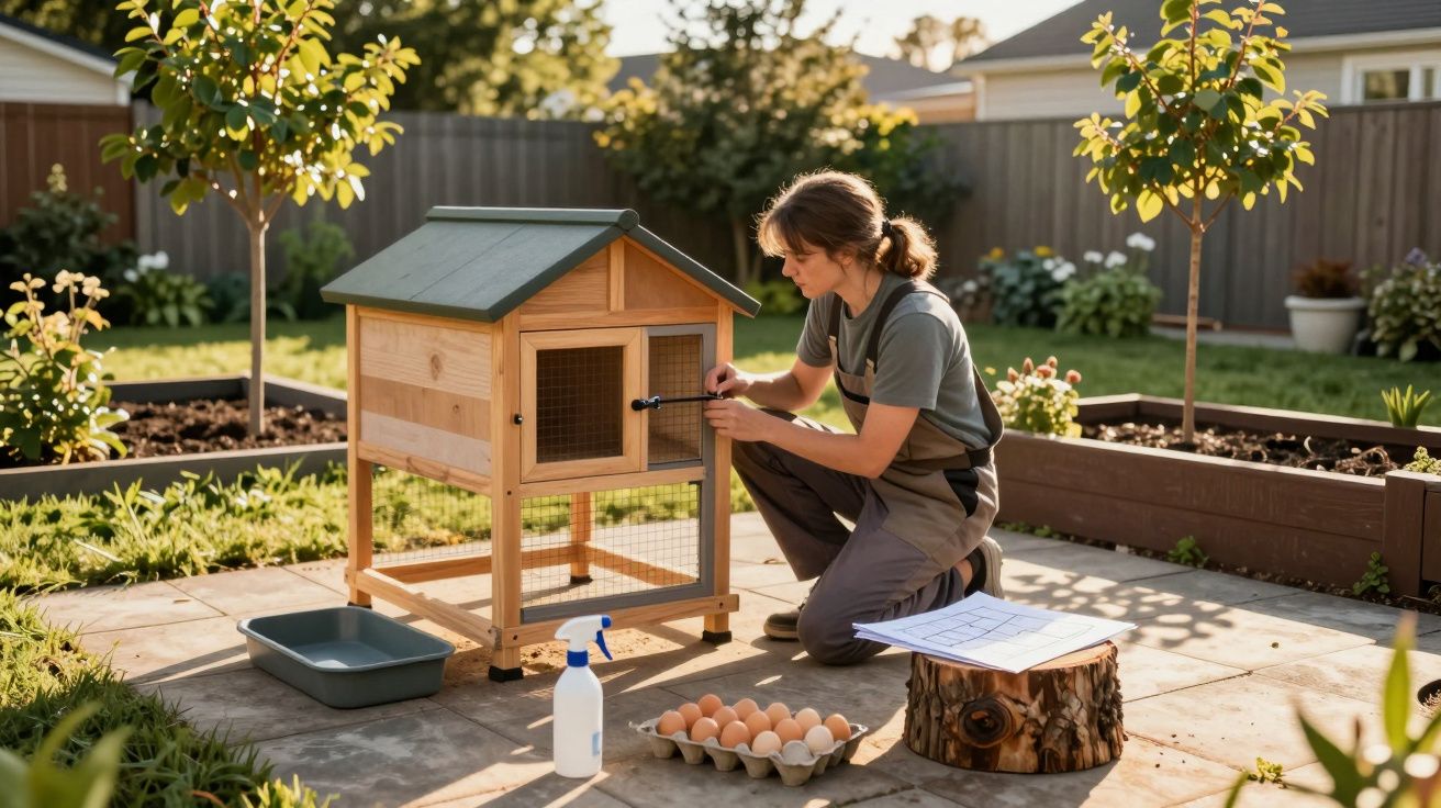 Femeie în curte, verificând cușca de lemn a găinilor, cu ouă și sticlă de pulverizare lângă ea.