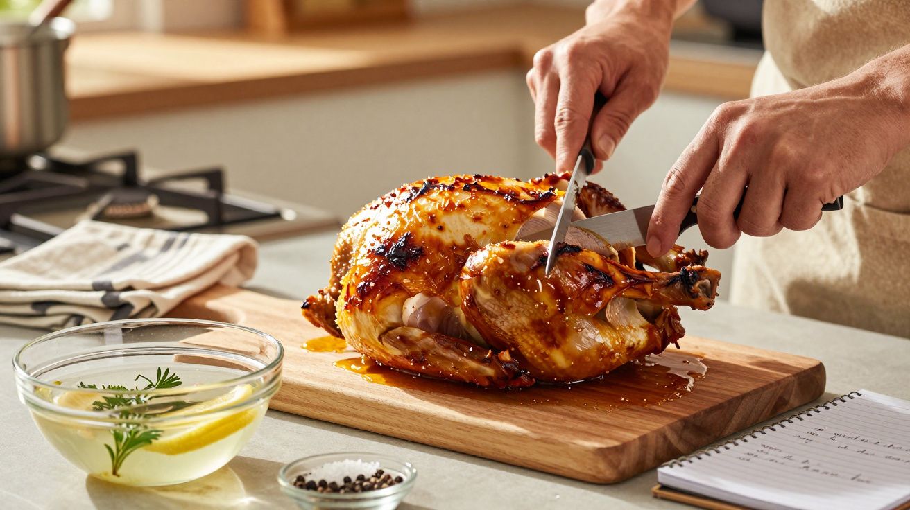 Persoană care taie un pui fript pe o tocătoare de lemn în bucătărie, cu condimente și rețetă pe masă.