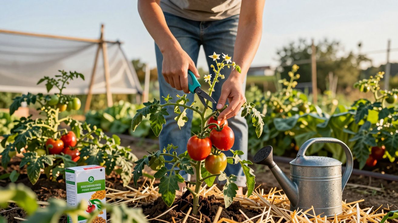Persoană culege roșii coapte dintr-o grădină de legume în timpul zilei însorite.