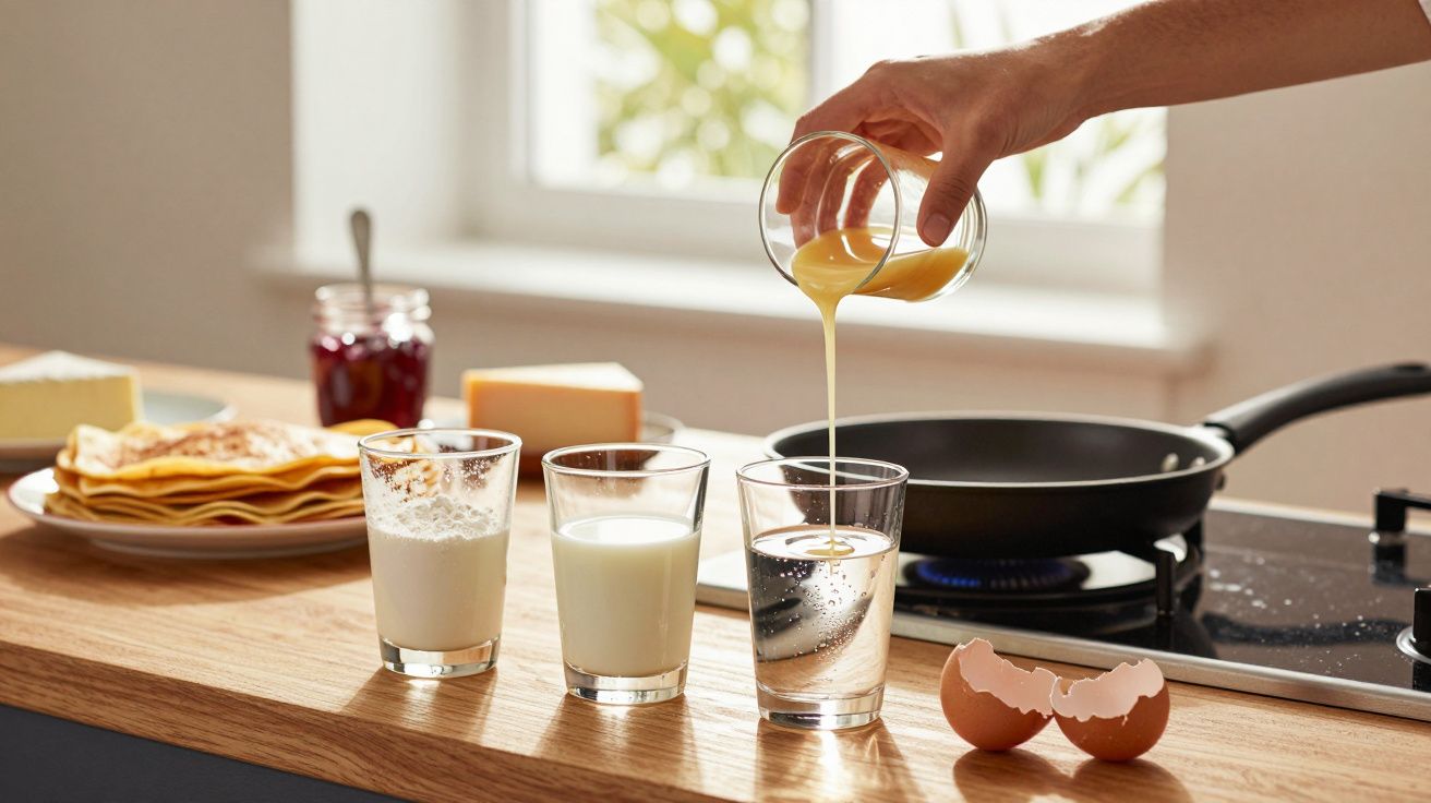 Mână toarnă compoziție de clătite în tigaie, pe blat sunt ingrediente ca făină, lapte, apă și coji de ouă.