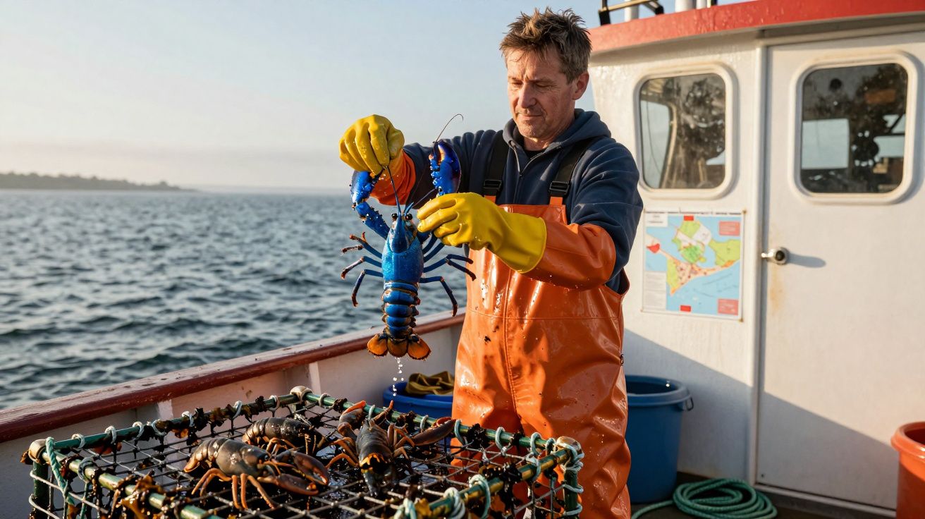 Pescar pe o barcă ținând o homar albastru viu, cu alte homari în colivie pe fundalul apei.