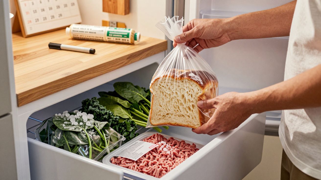 Persoană pune pâine felii într-un sac de plastic într-un frigider cu legume și carne tocată.