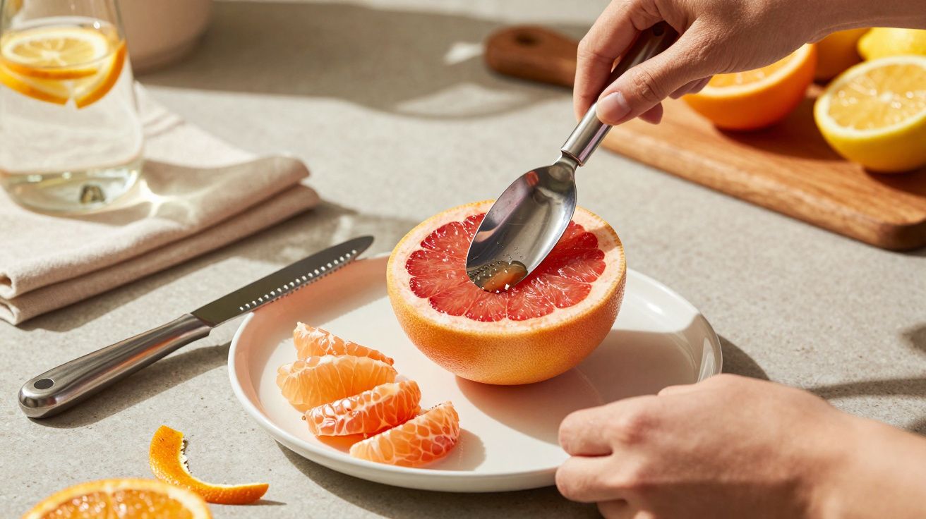 Mână care folosește o lingură pentru a scoate pulpa dintr-un grapefruit roșu, pe o farfurie albă lângă segmente de portocală.