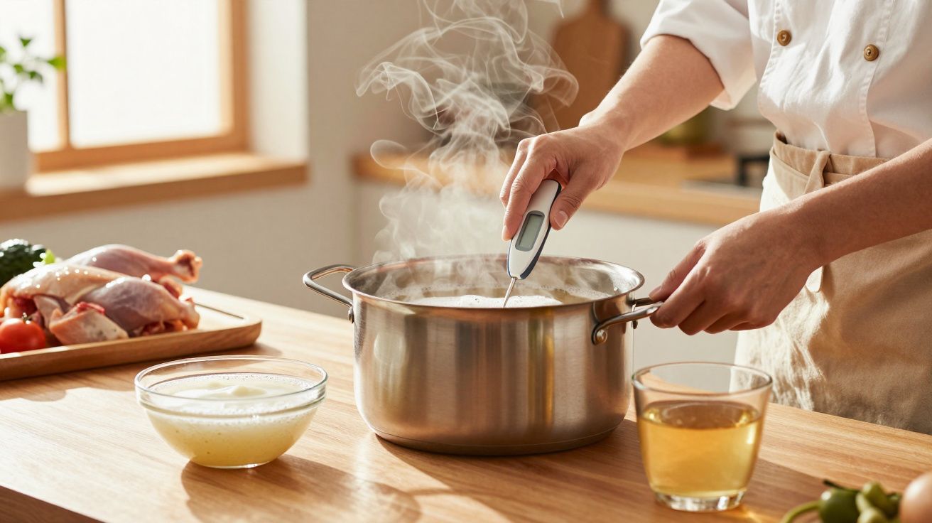 Persoană măsoară temperatura în oală cu supă aburindă pe blatul de bucătărie.