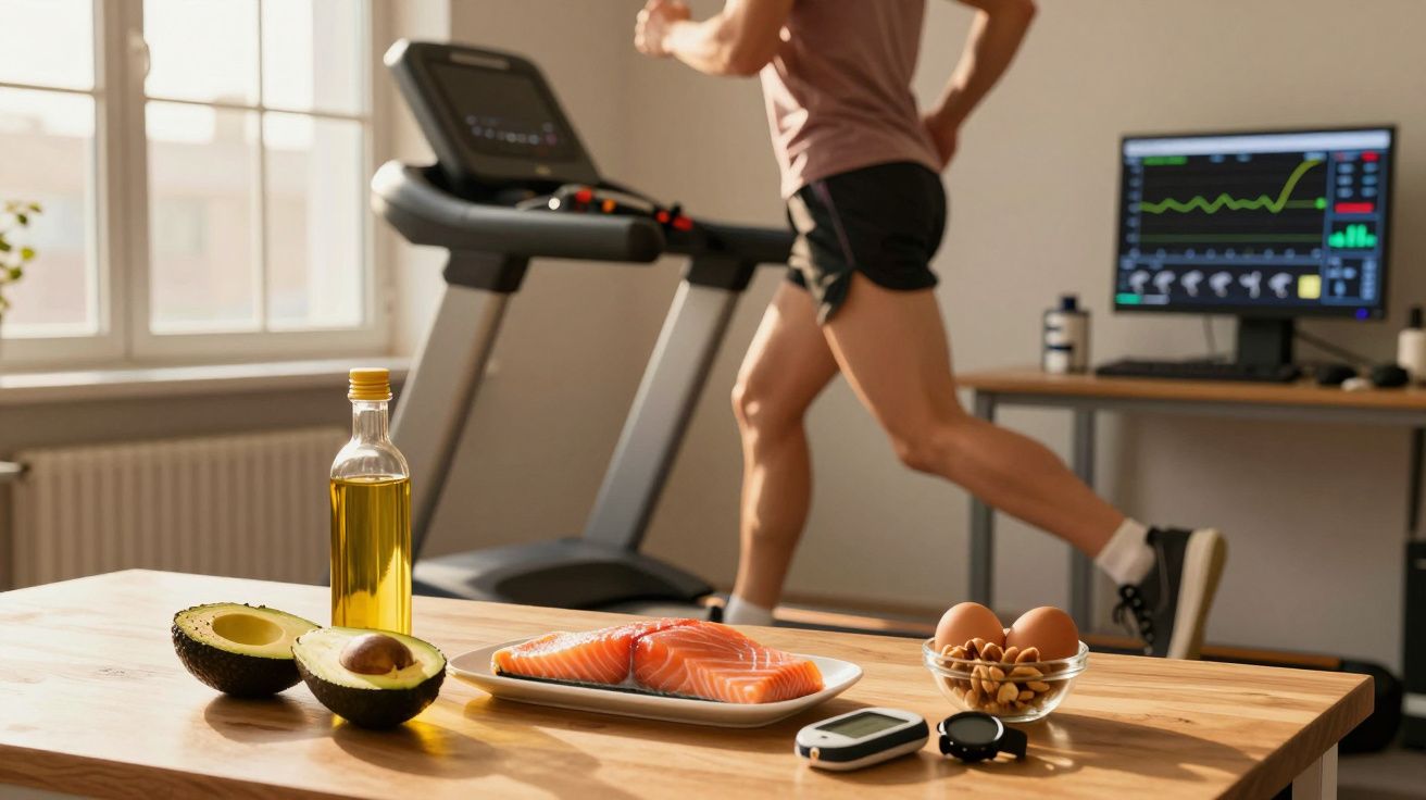 Pe masă, avocado, ulei, somon, ouă, nuci și dispozitive pentru monitorizarea sănătății, în fundal o persoană aleargă pe bandă