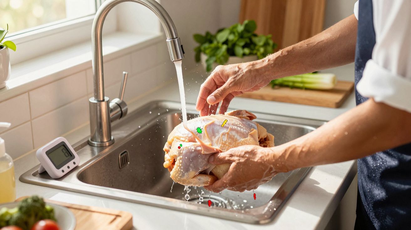 Persoană spală un pui crud sub jet de apă într-o chiuvetă de bucătărie modernă.