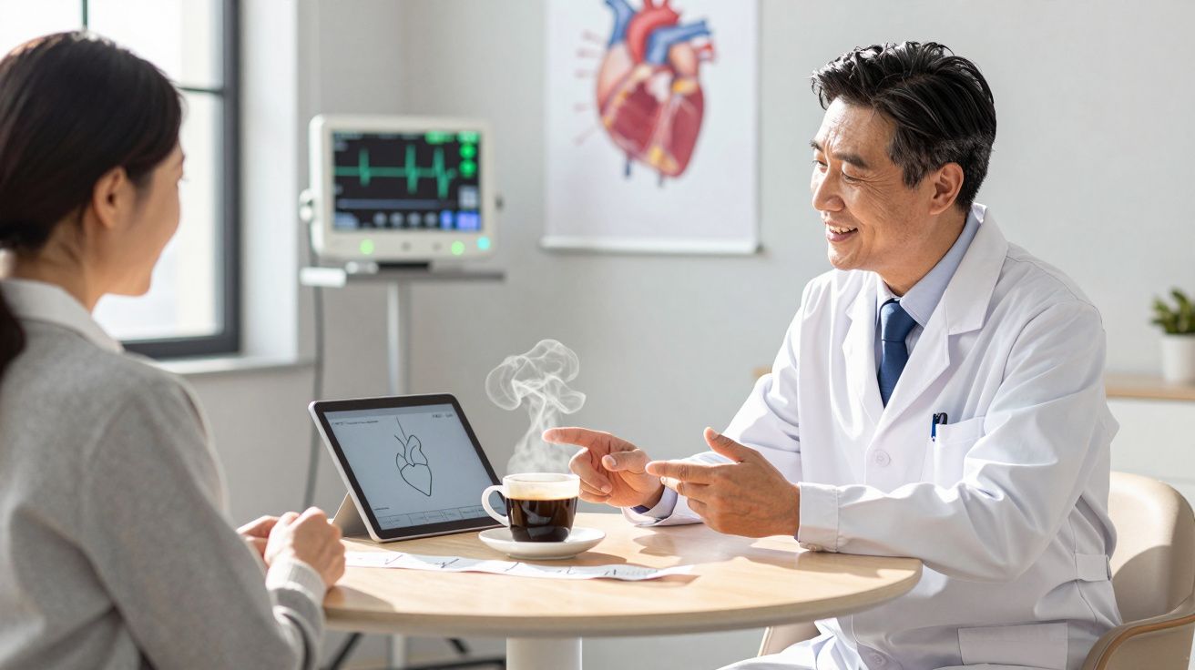 Medic discutând diagrame cardiace cu o pacientă, în cabinet, lângă o ceașcă de cafea aburindă.