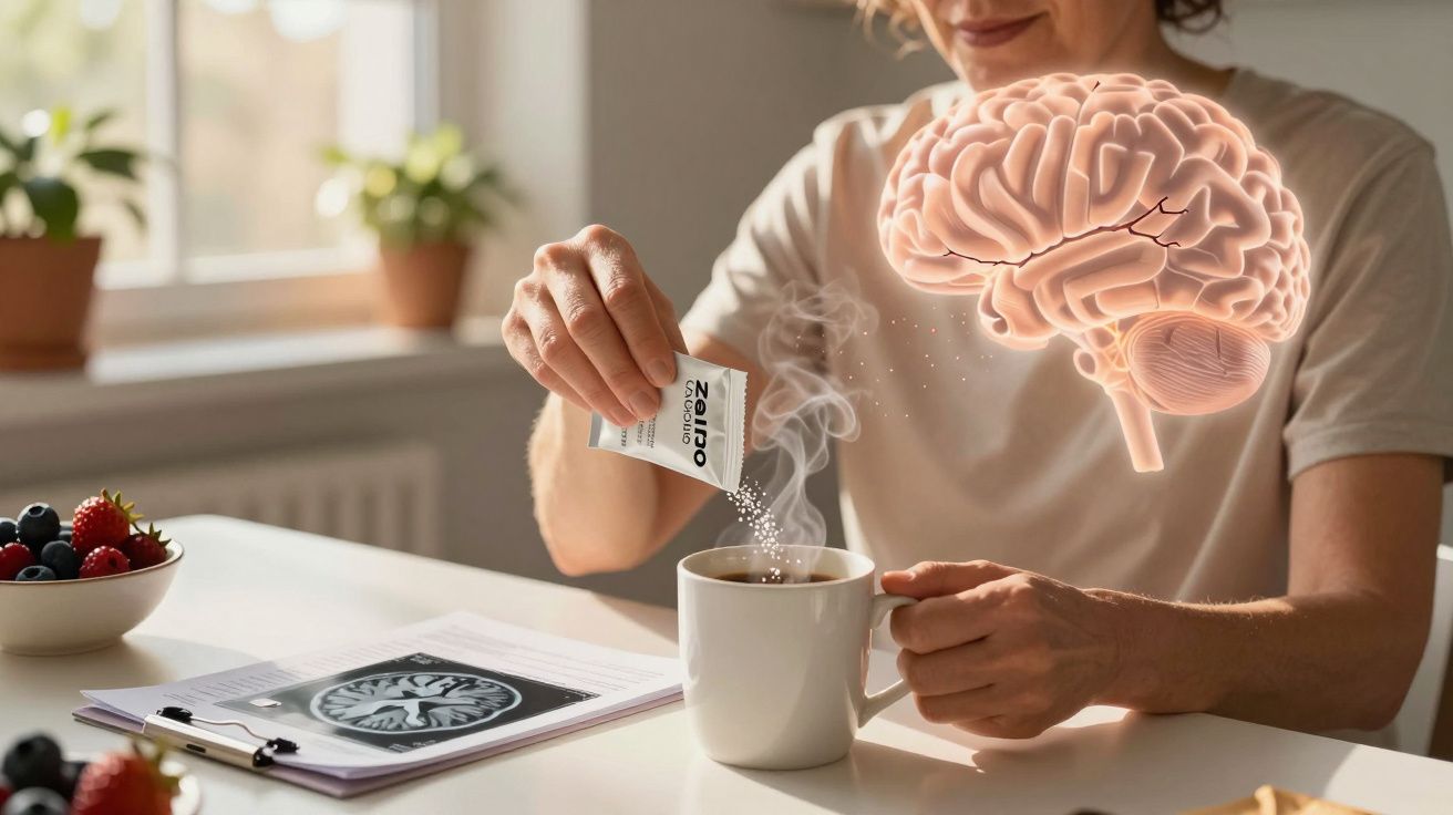 Persoană adăugând zahăr în cafea, cu ilustrație digitală a creierului pe fundal lângă radiografie cerebrală.