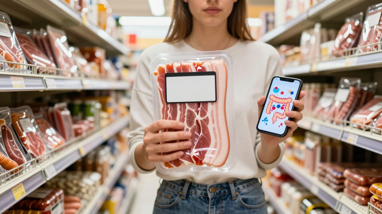 Femeie în magazin ținând pachet de bacon și telefon cu imaginea unui sistem digestiv.