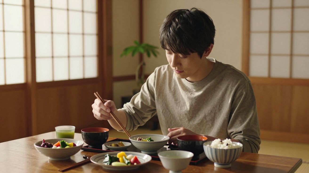 Bărbat tânăr mănâncă masă tradițională japoneză folosind bețișoare și multe feluri de mâncare pe masă.