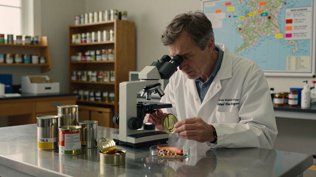 Bărbat într-un laborator, folosind un microscop pentru a examina conținutul unei cutii de conserve.