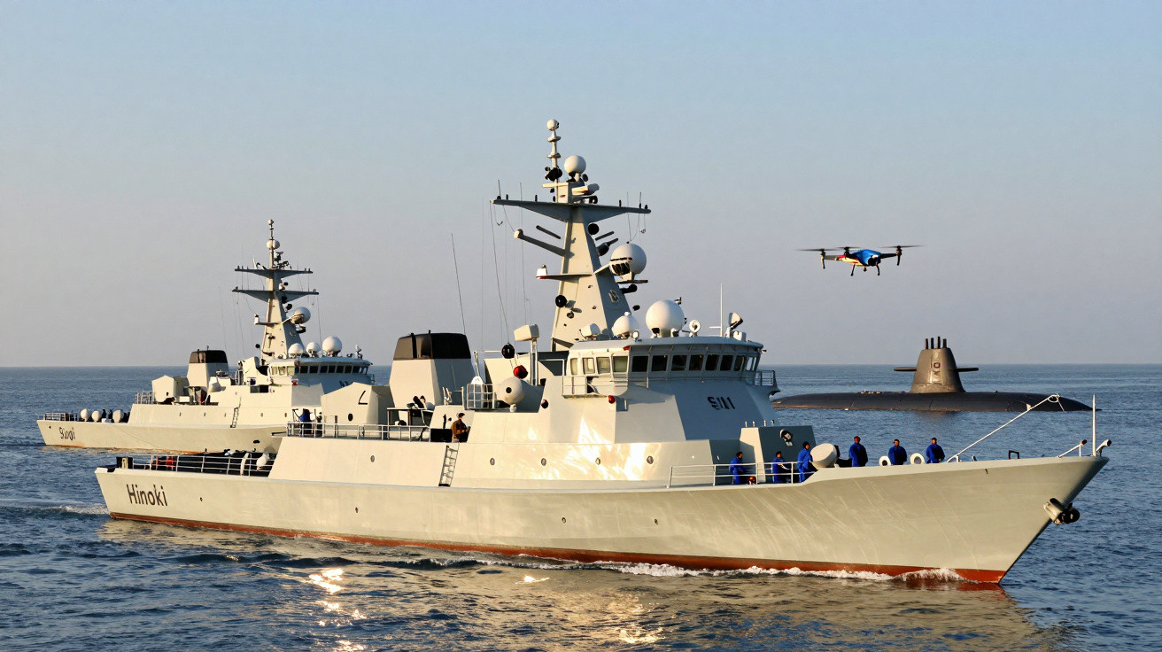 Două nave militare albe pe mare, cu un submarin și un dron ce zboară deasupra apei.