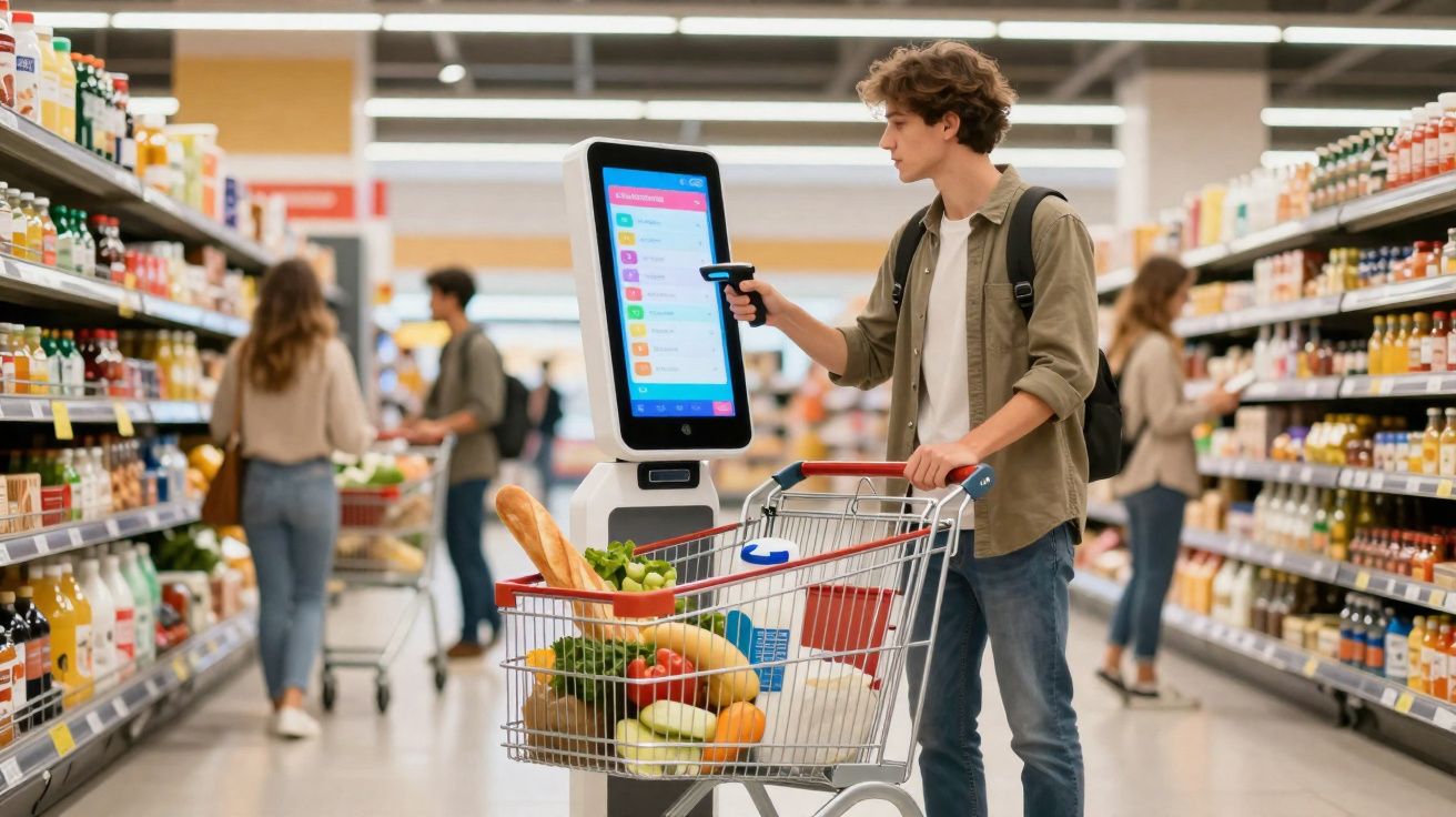 Tânăr scanează produse cu cititorul într-un supermarket modern, cărucior plin cu fructe și legume proaspete.