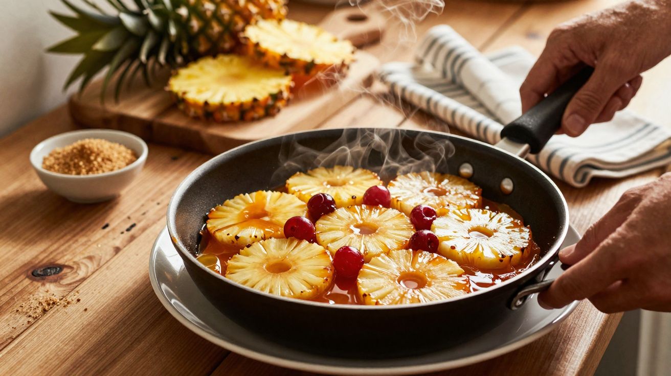 Felii de ananas caramelizate în tigaie, decorate cu cireșe roșii, pe o masă de lemn.