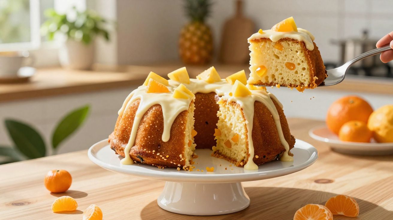 Prăjitură bundt cu glazură albă și bucăți de mandarine pe un suport alb, în bucătărie luminoasă.