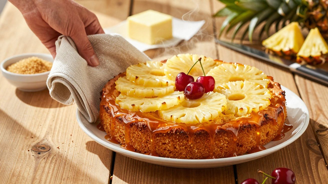 Prăjitură cu ananas și vișine, glazură caramel, servită pe farfurie albă, pe masă de lemn, lângă unt și zahăr.