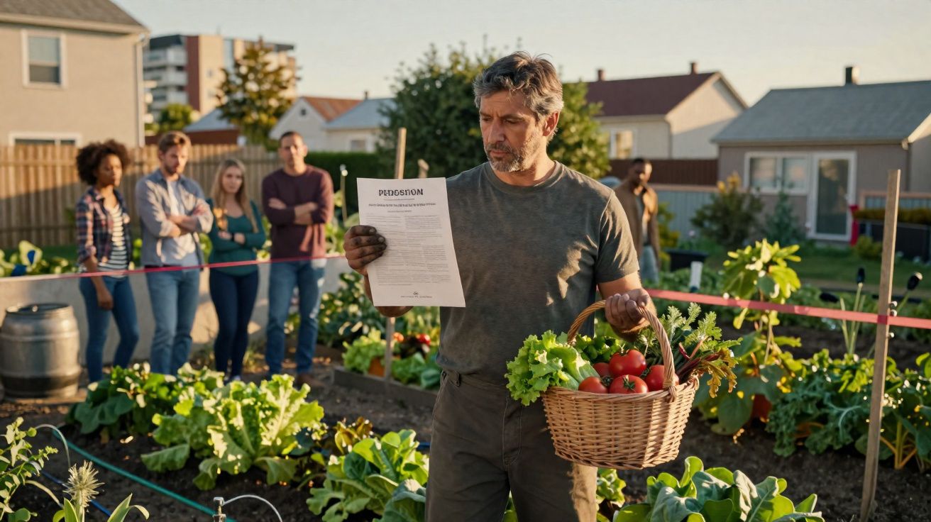 Bărbat ținând o scrisoare de concediere și un coș cu legume în fața unui grup de oameni într-o grădină urbană.