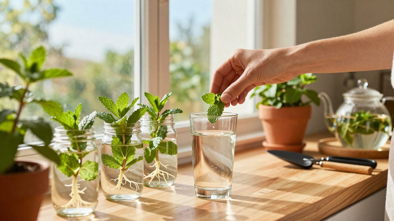 Mână așezând o frunză de mentă într-un pahar cu apă, lângă borcane și ghivece cu plante de mentă pe pervaz.