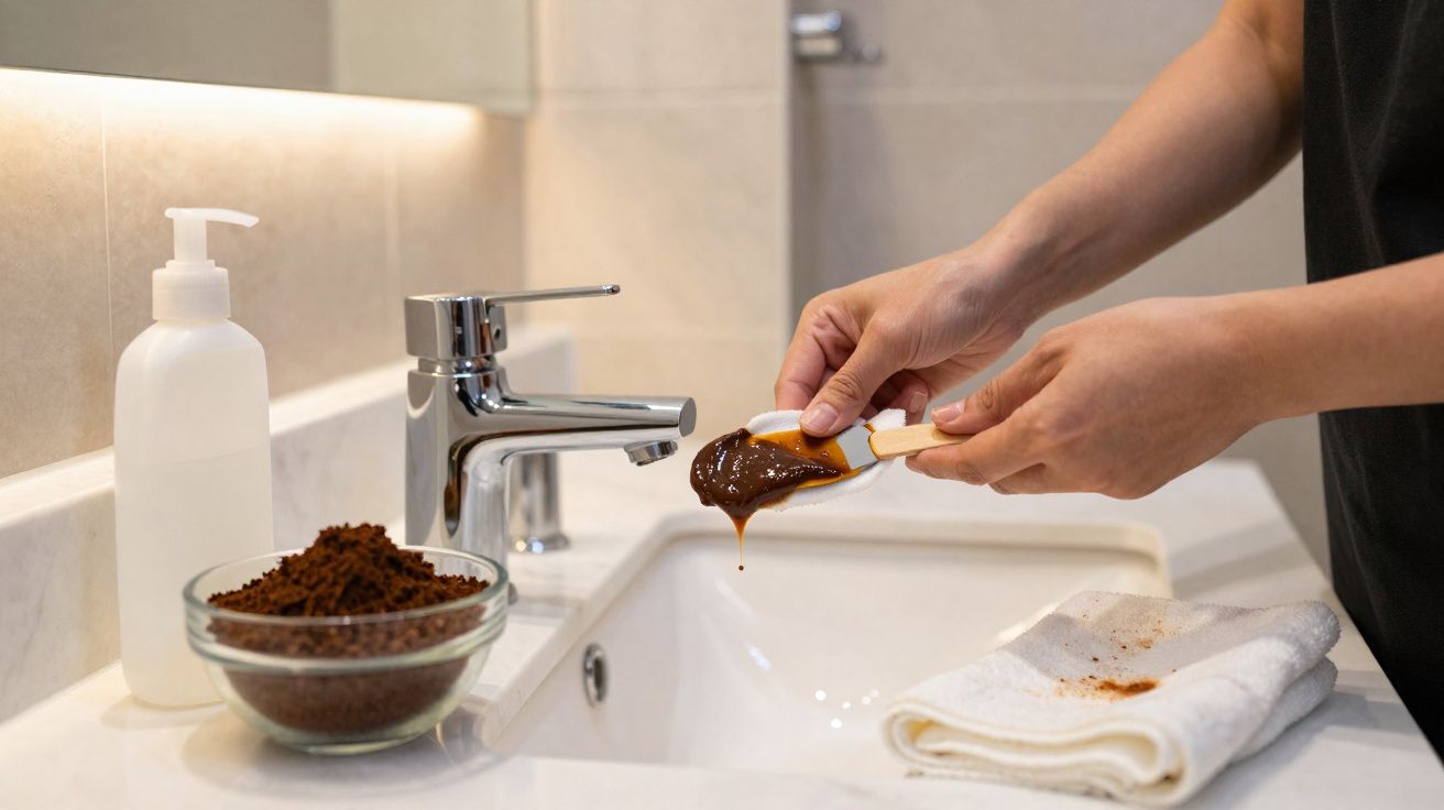 Mâini aplicând un amestec maro pe o spatulă lângă un chiuvetă, cu un prosop alb și un bol cu pudră maro.