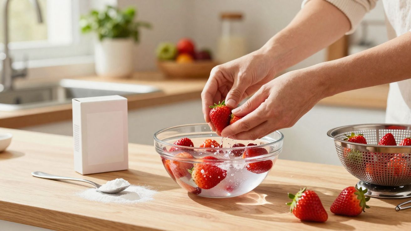 Mâini spală căpșuni într-un castron cu apă pe masă de bucătărie luminoasă.