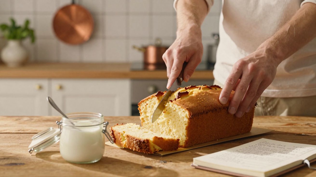 Om tăind o felie de pâine de casă pe o masă cu un borcan de lapte și o carte deschisă în bucătărie.