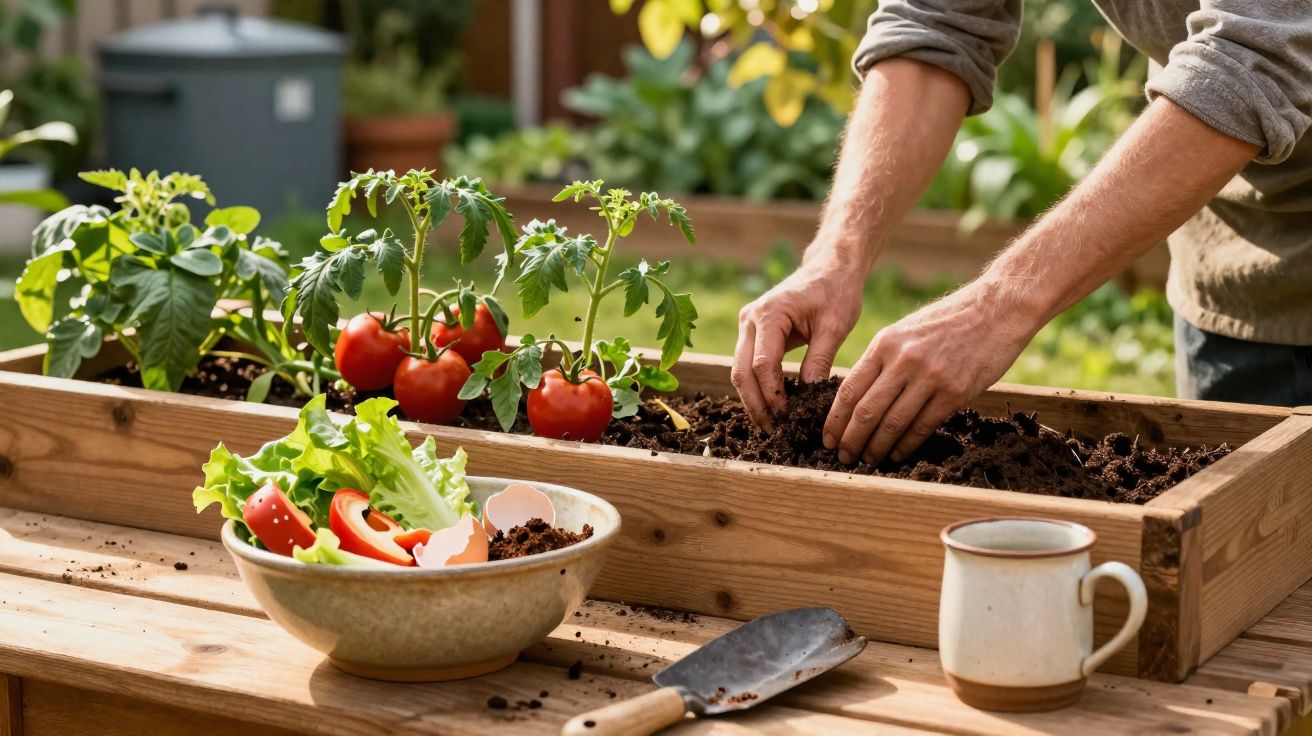 Mâini care plantează roșii într-un pat de grădină din lemn, cu o farfurie și o cană pe masă.