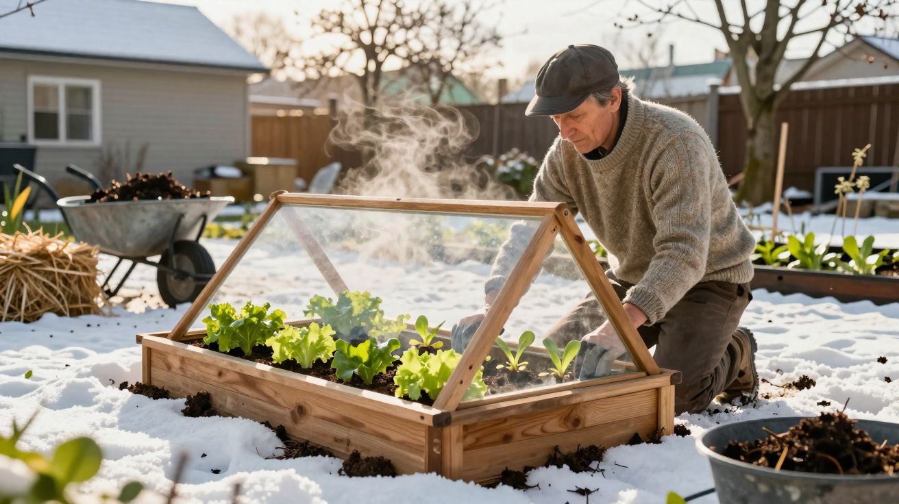 Bărbat grădinărește într-un mic solar transparent în zăpadă, protejând plantele tinere de frig.