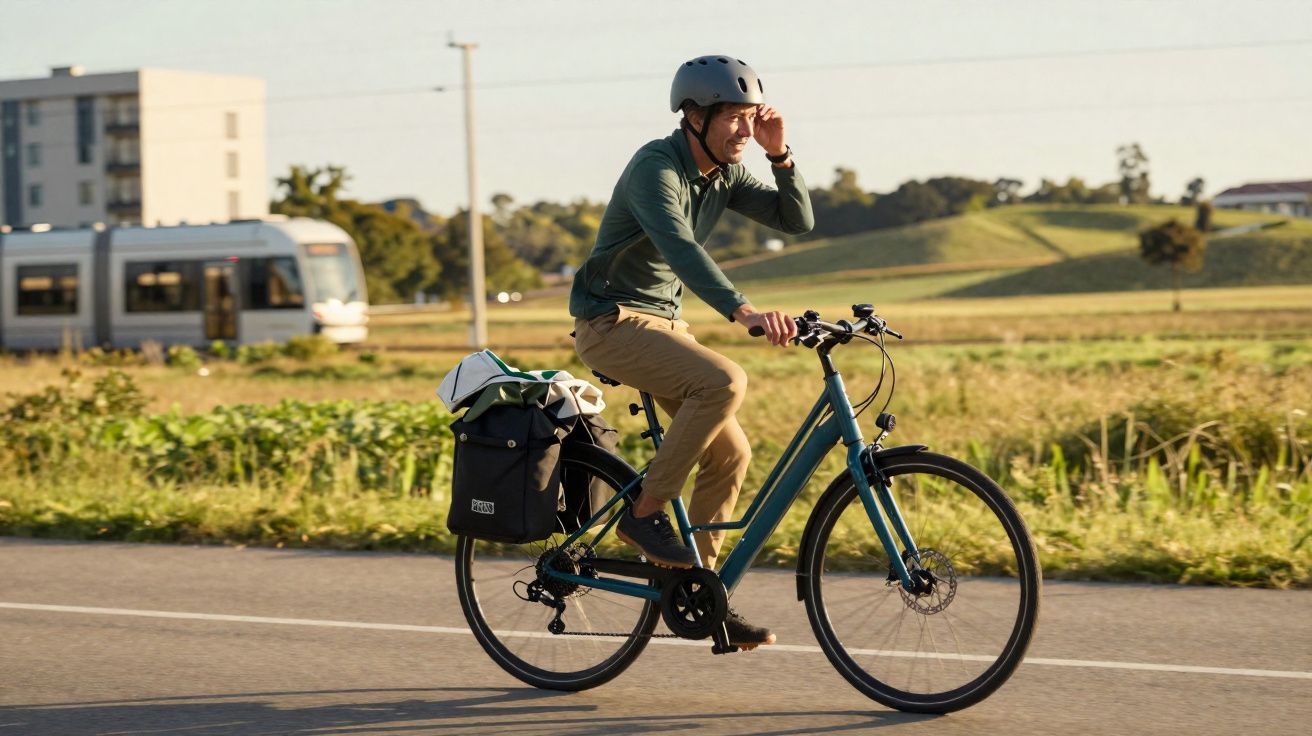 Bărbat purtând cască, pedalând pe bicicletă în peisaj rural cu tren în fundal, în timpul zilei.