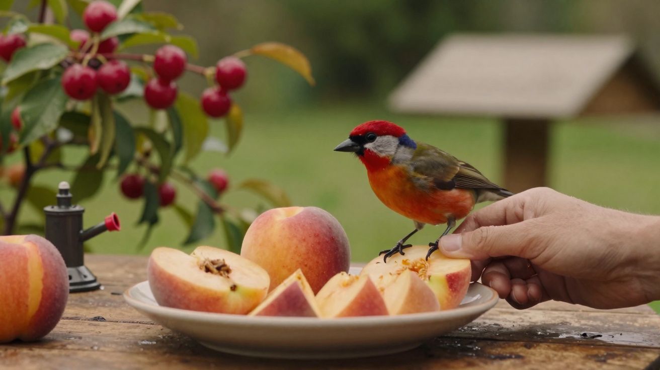 Pasăre colorată pe o farfurie cu felii de fructe, iar o mână îi oferă hrană afară.