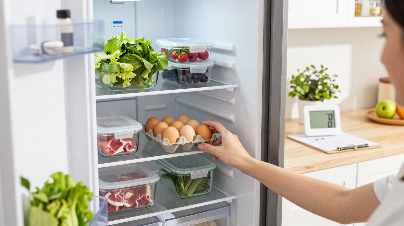 Persoană pune ouă în frigider organizat cu legume, carne și fructe în caserole transparentă.