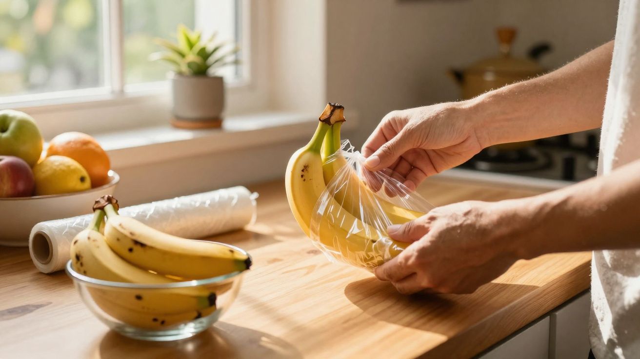 Mâini care înfășoară banane cu folie alimentară pe un blat de bucătărie, lângă un bol cu fructe.