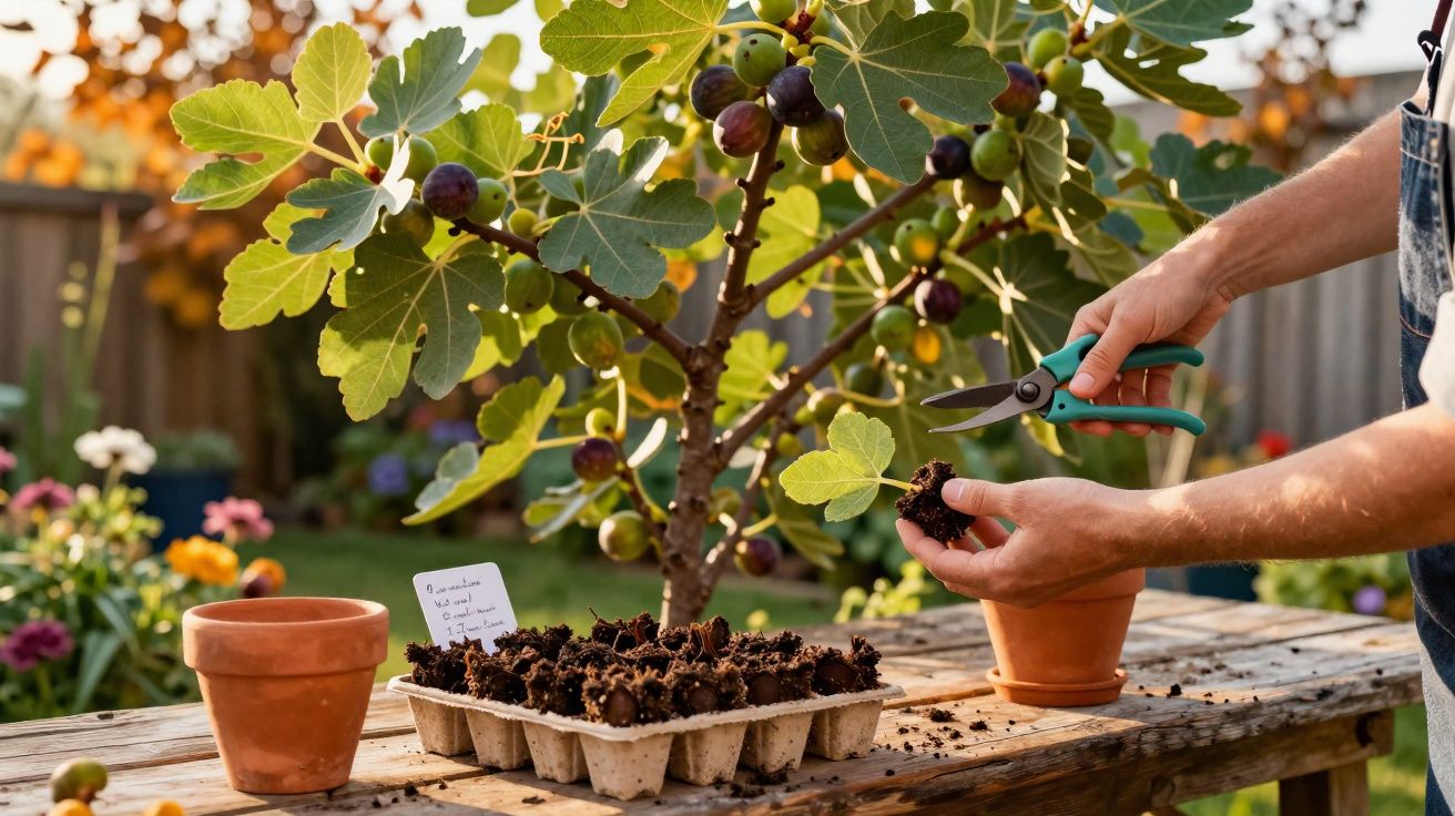 Persoană tăind rădăcini de smochin pentru plantare lângă ghivece pe o masă în grădină.