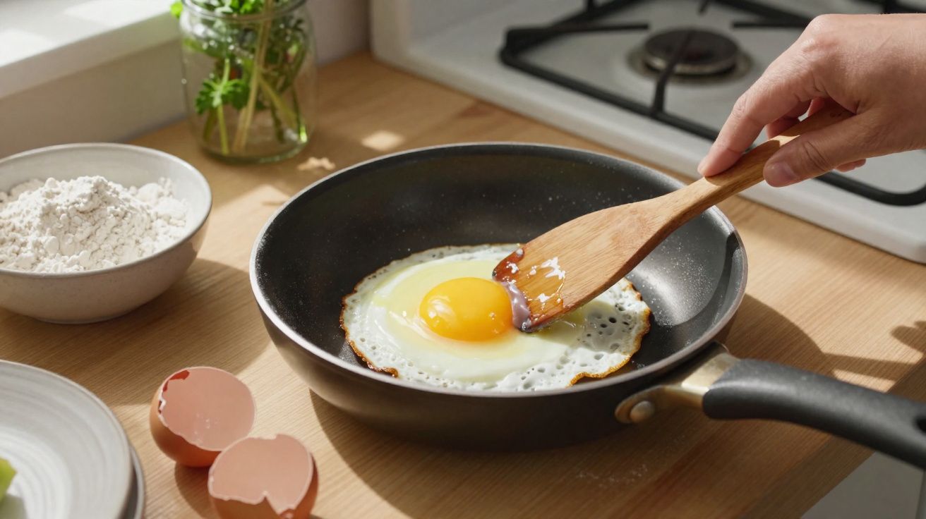 Ou prăjit într-o tigaie neagră, cu o mână care folosește o spatulă din lemn pe o masă de lemn.