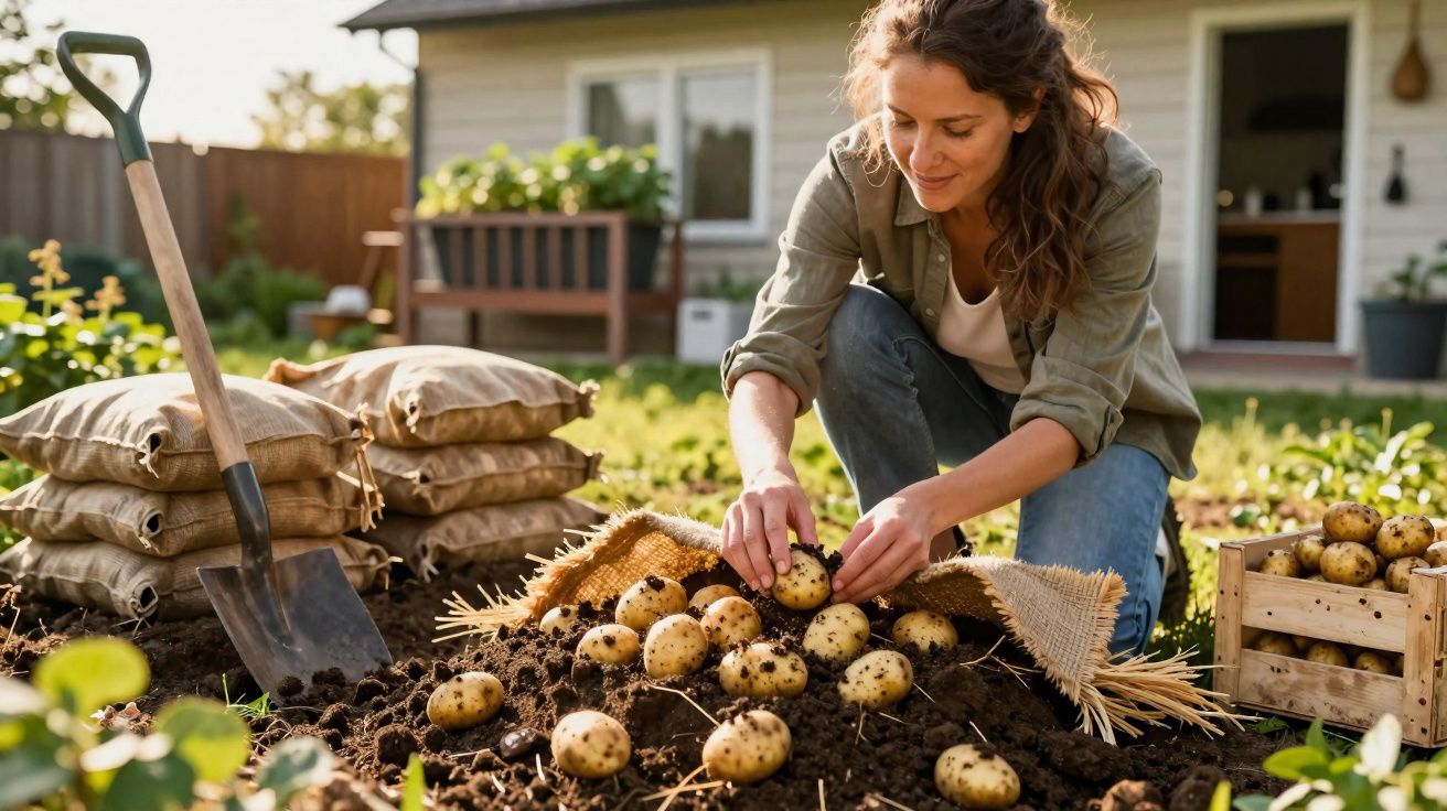 Femeie culegând cartofi proaspăt săpați în grădina din fața casei, cu unelte și saci de pământ lângă ea.