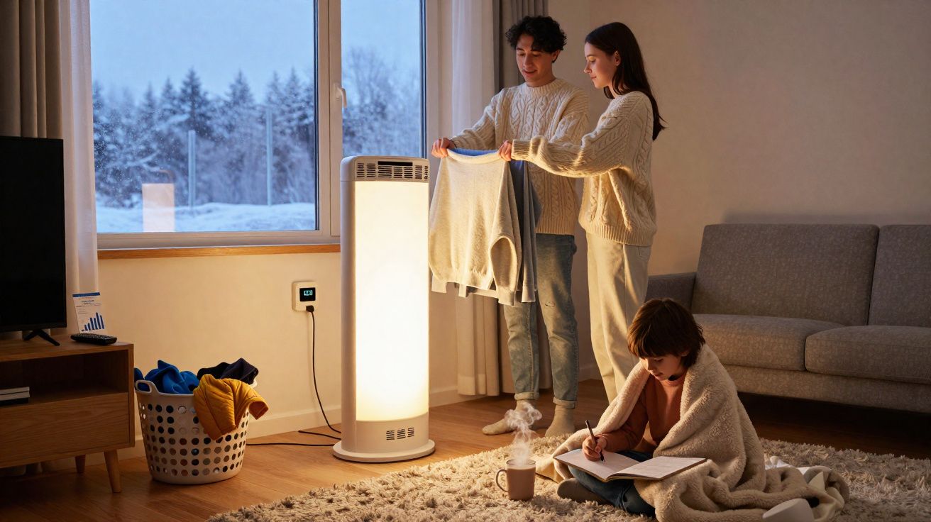 Doi adulți usucă haine lângă un încălzitor, iar un copil scrie în jurnal sub o pătură, într-o cameră caldă iarna.