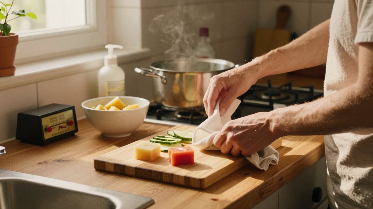 Persoană usucă cu un prosop feliile de legume pregătite pe un tocător într-o bucătărie luminoasă.