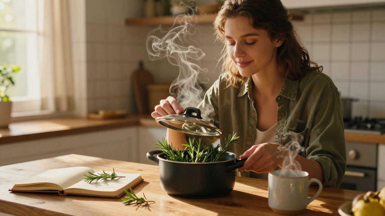 Femeie în bucătărie ridicând capacul unei cratițe cu plante aromatice aburind pe masă.