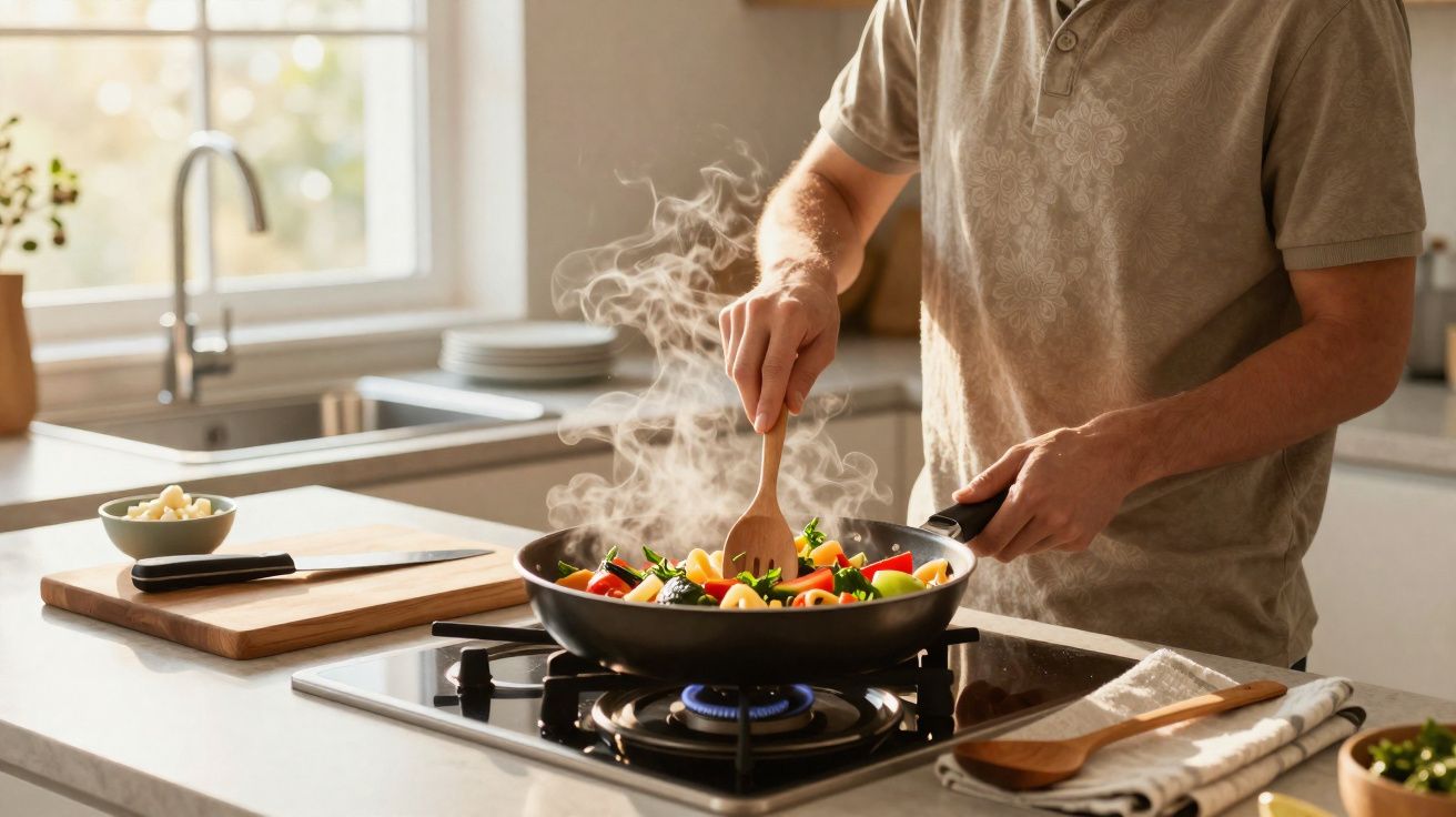 Persoană gătește legume aburinde într-o tigaie pe aragaz într-o bucătărie luminoasă.