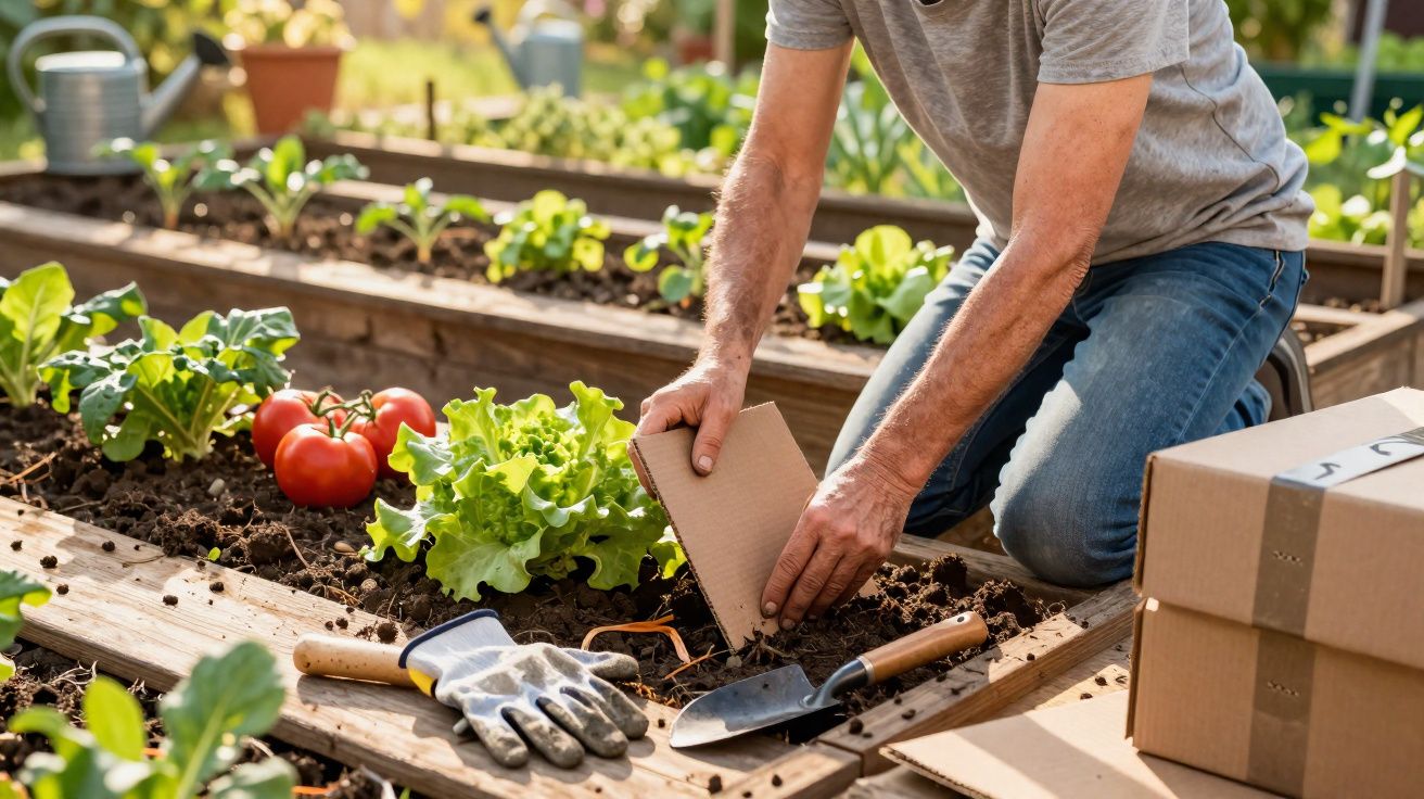 Om care îngrijește plante într-o grădină urbană cu legume și unelte de grădinărit lângă el.