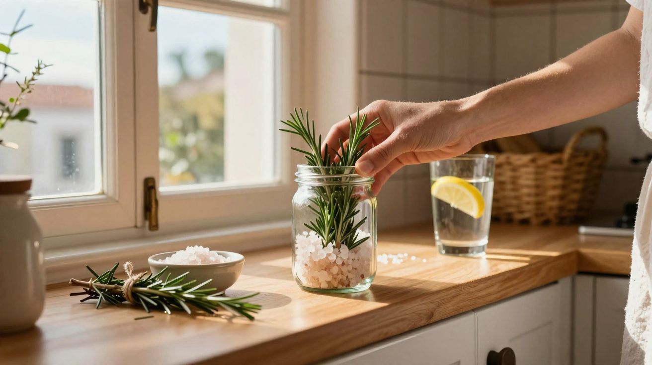 Mână punând crenguțe de rozmarin într-un borcan cu sare grunjoasă pe o blat de bucătărie lângă fereastră.