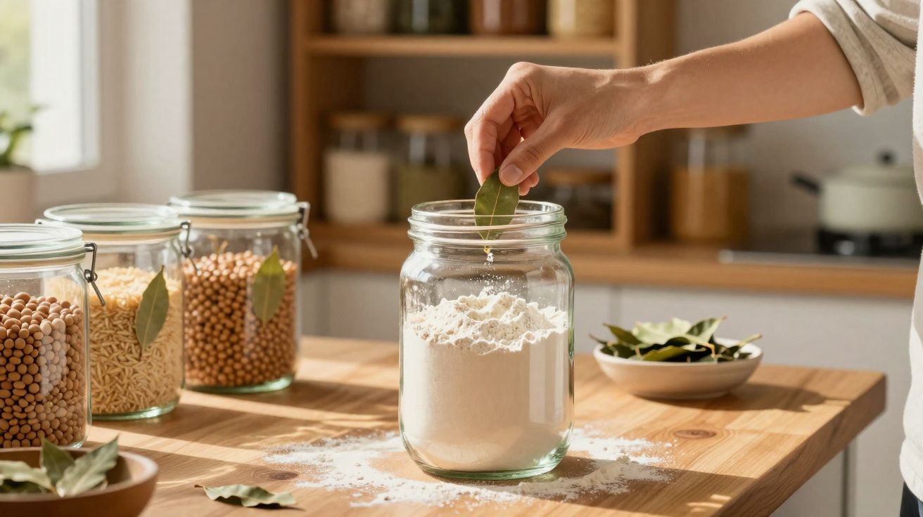 Mână punând o frunză de dafin într-un borcan cu făină pe o masă de lemn în bucătărie.