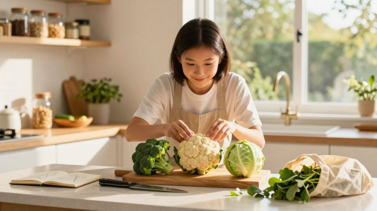 Fată care pregătește legume proaspete într-o bucătărie luminoasă, cu broccoli, conopidă și varză pe masă.