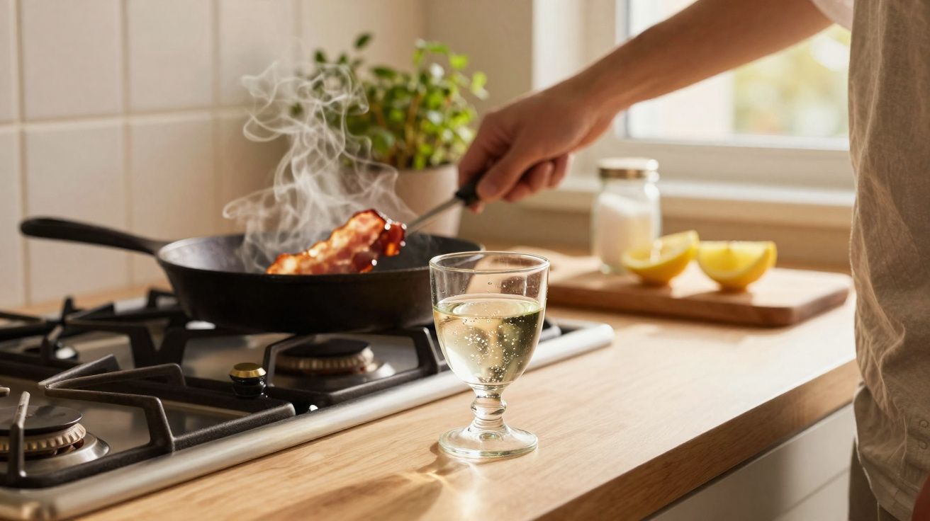 O persoană prăjește bacon într-o tigaie pe aragaz, cu un pahar de vin alb pe blatul de bucătărie.