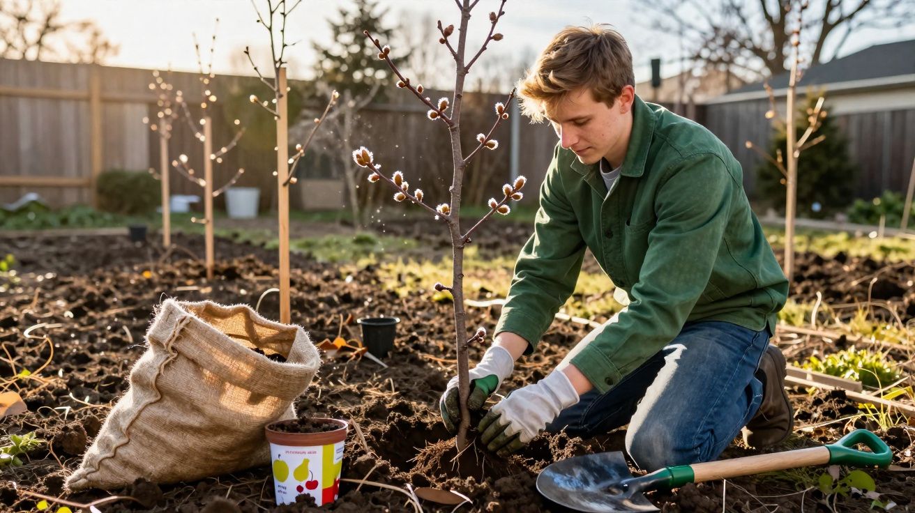 Bărbat tânăr plantează un copac mic în grădină, având o sapă și un sac mare de pământ lângă el.