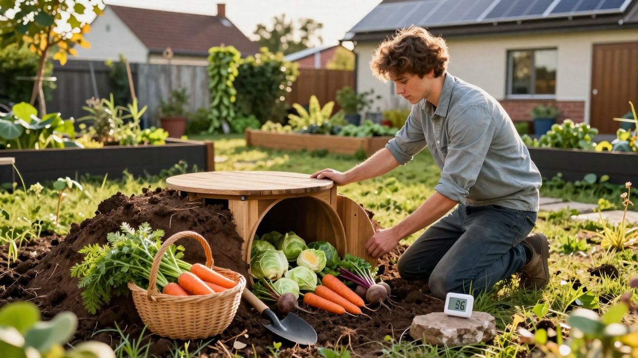Bărbat tânăr culegând legume proaspete din grădină, lângă o cutie de depozitare din lemn.