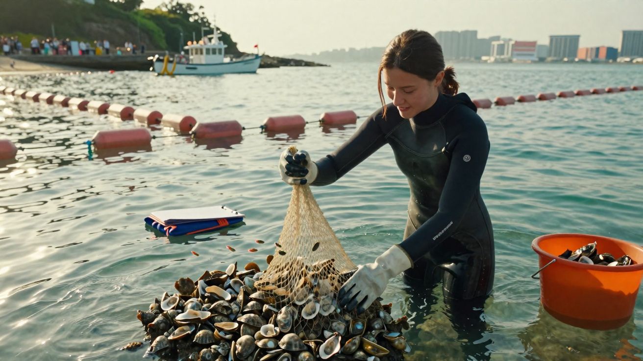 Femeie în costum de neopren adunând scoici din mare lângă o barcă și un coș portocaliu.