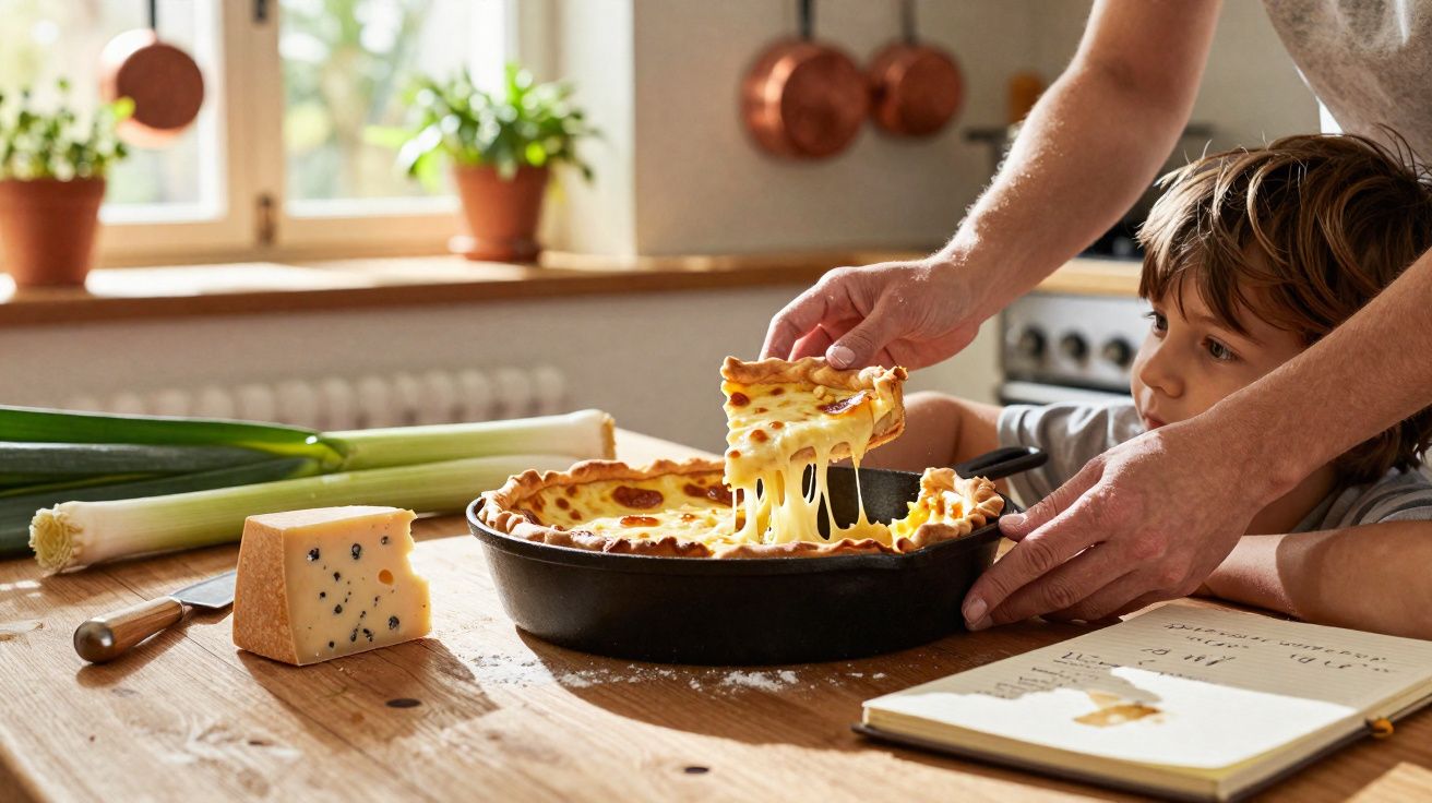 O mână ridică o felie de quiche cu brânză topită, iar un copil privește cu interes în bucătărie luminoasă.