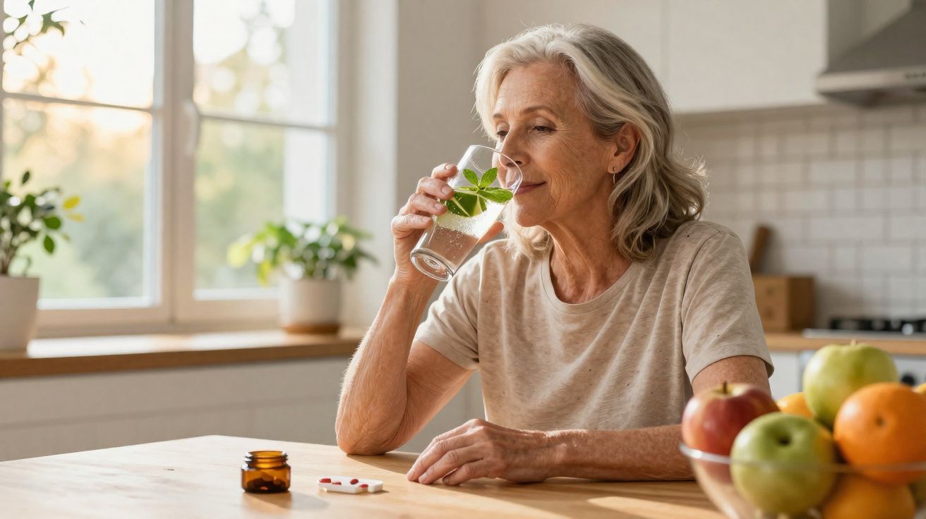 Femeie în vârstă bând apă cu mentă, stând la masă cu fructe și medicamente pe masă în bucătărie.